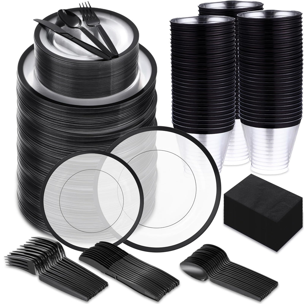 Norme 600 Pcs Disposable Plastic Dinnerware Set 100 Clear Plastic Plates 100 Cups 100 Knives 100 Forks 100 Spoons 100 Napkins Party Plates Set for Wedding Birthday Graduation(Black)