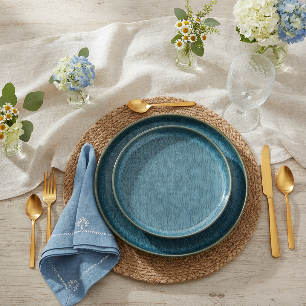 Mediterranean blue ceramic dinner plates set on a woven placemat with gold flatware, linen napkin, goblet and fresh florals in an elegant tablescape
