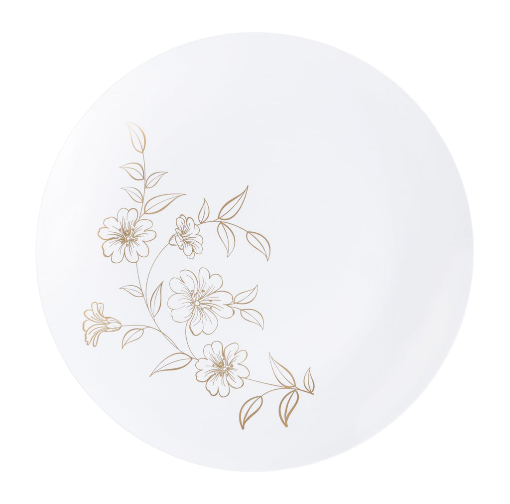 30-Pack White & Gold Floral Plastic Plates, 10 in