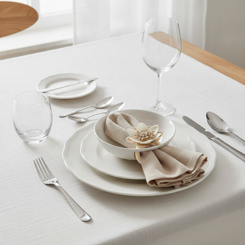 Burlap flower wood napkin ring holding a napkin in a rustic place setting