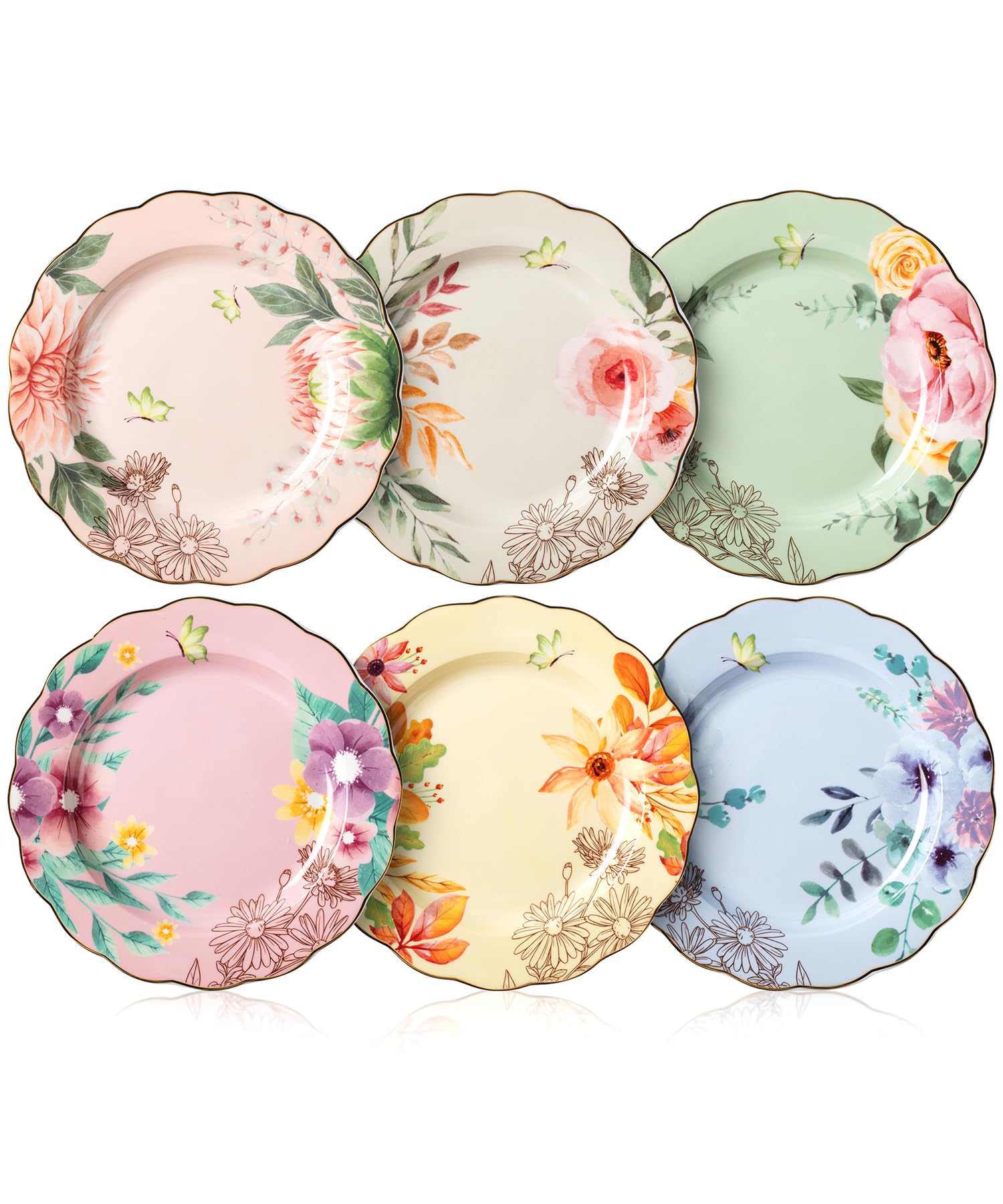 Porcelain Floral Plates 8-Inch Set of 6 - Royal Dessert and Salad Plates