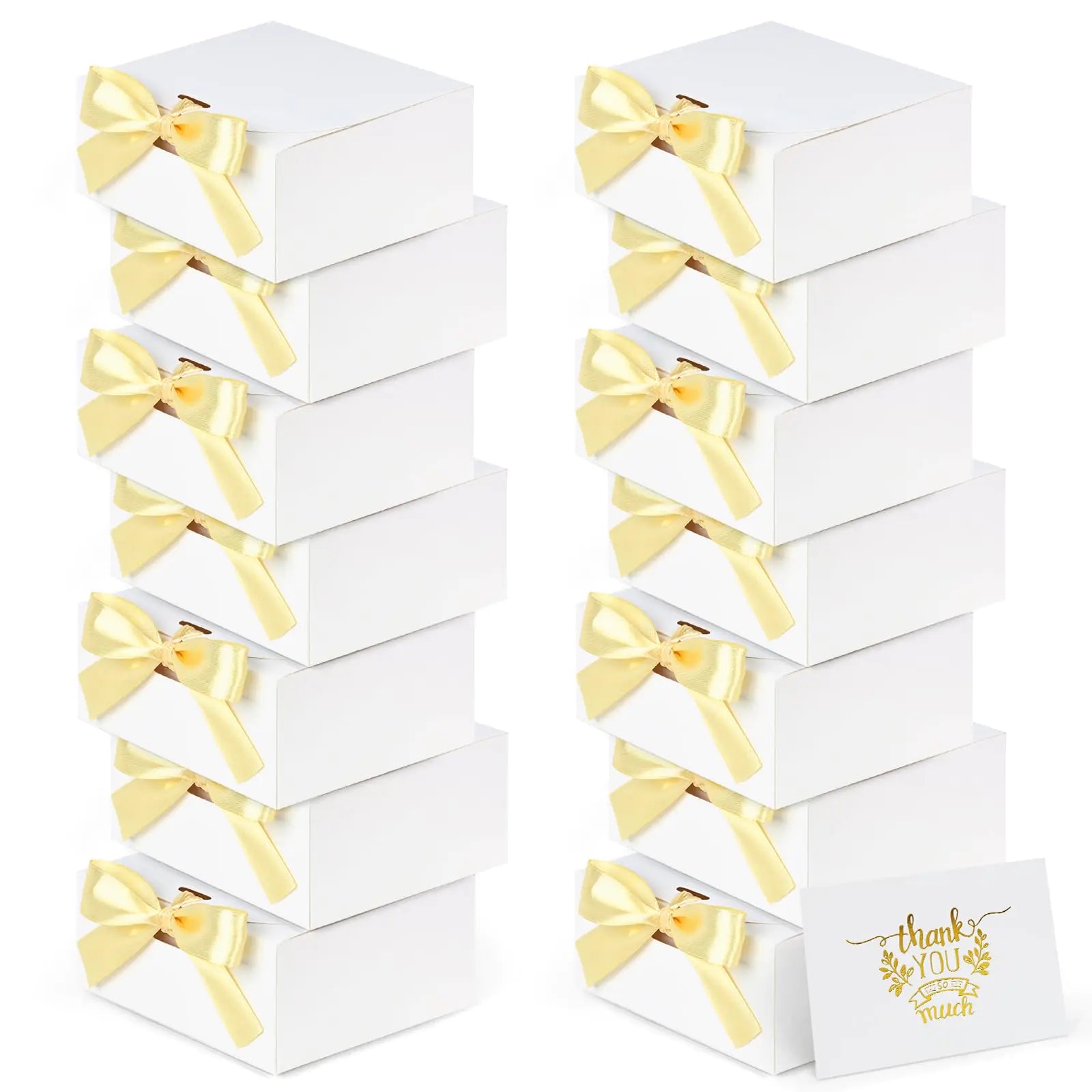 20-pack of white bridesmaid proposal gift boxes with yellow ribbon bows and gold thank-you cards