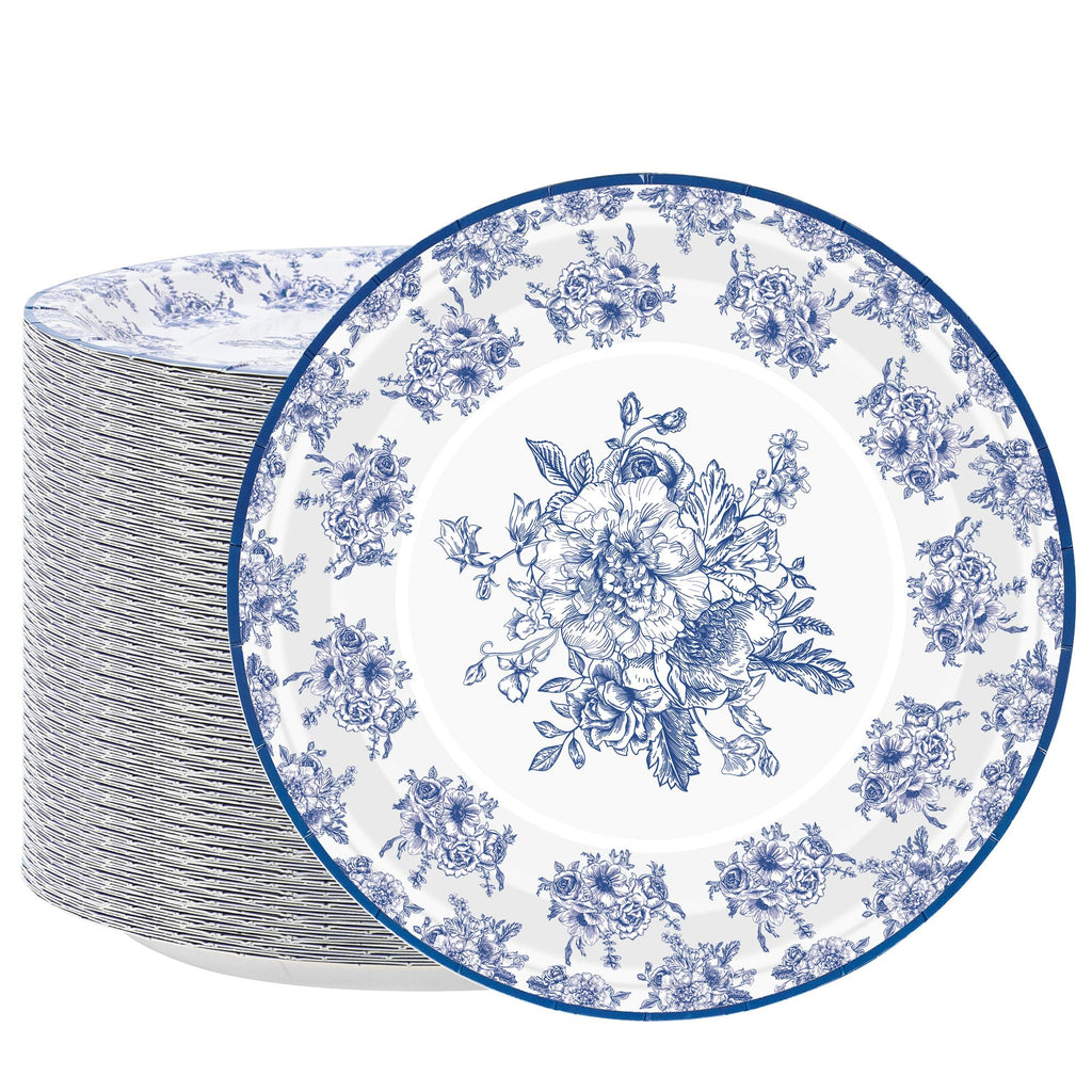 Blue & White Floral Paper Plates, 9 in, 50 Count