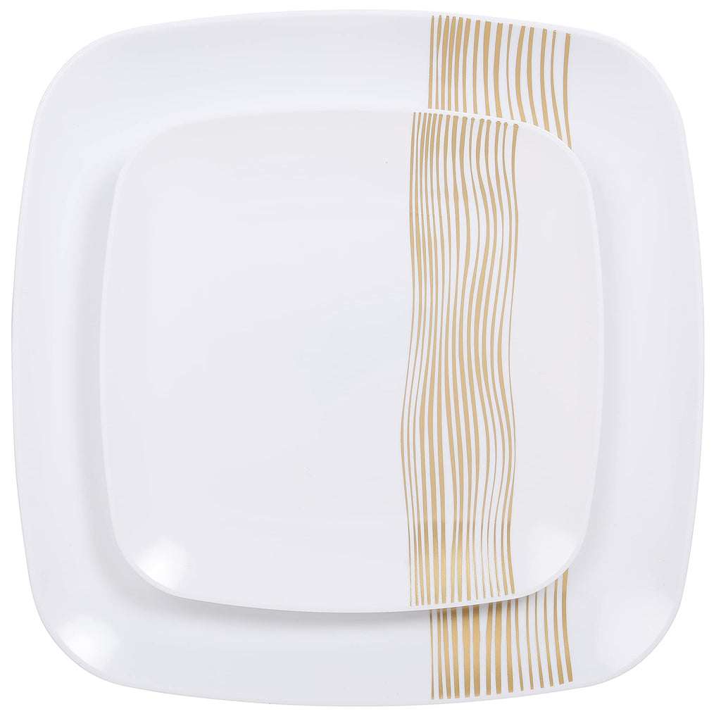 Gold Wavelet Plastic Plates — 40-Piece Set (20 Square 10.25 in + 20 Round 7.5 in)