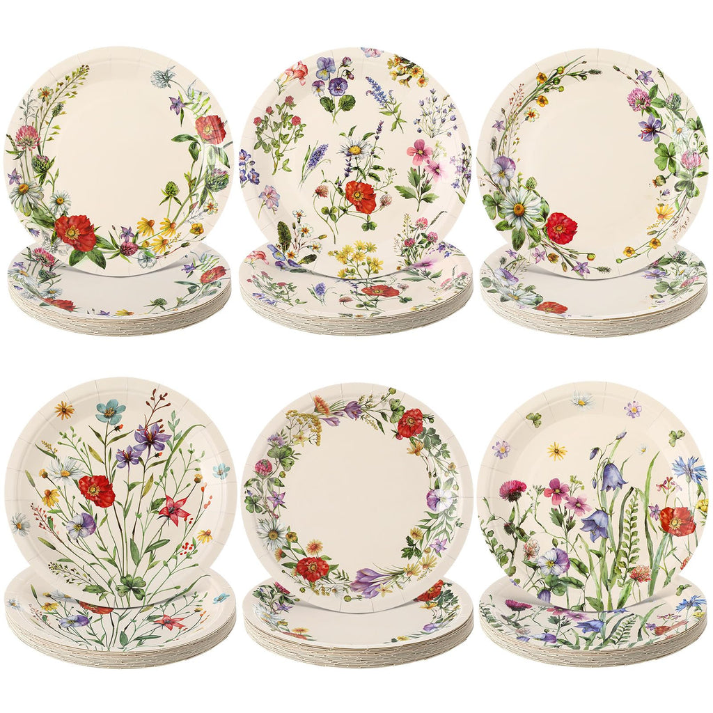 Umigy 120 Pcs Tulip Floral Party Plates 7 Inch Floral Paper Plates Spring Summer Wild Floral Disposable Decorative Tableware for Birthday Wedding Baby Shower Tea Party Bridal Shower Party