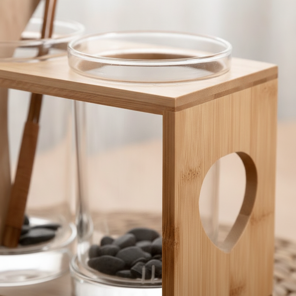 Close-up of a clear glass cup seated in the natural wood frame of the utensil holder