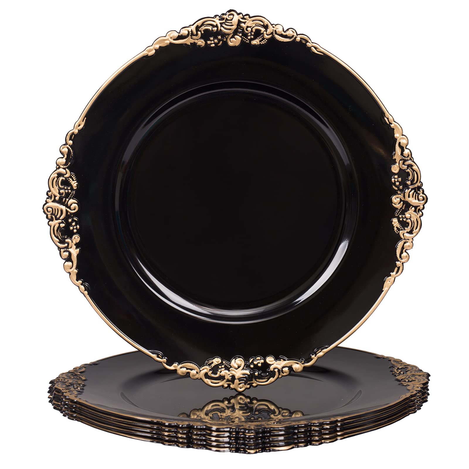 Black Charger Plates with Antique Gold Rim, 13 Inch — Set of 6