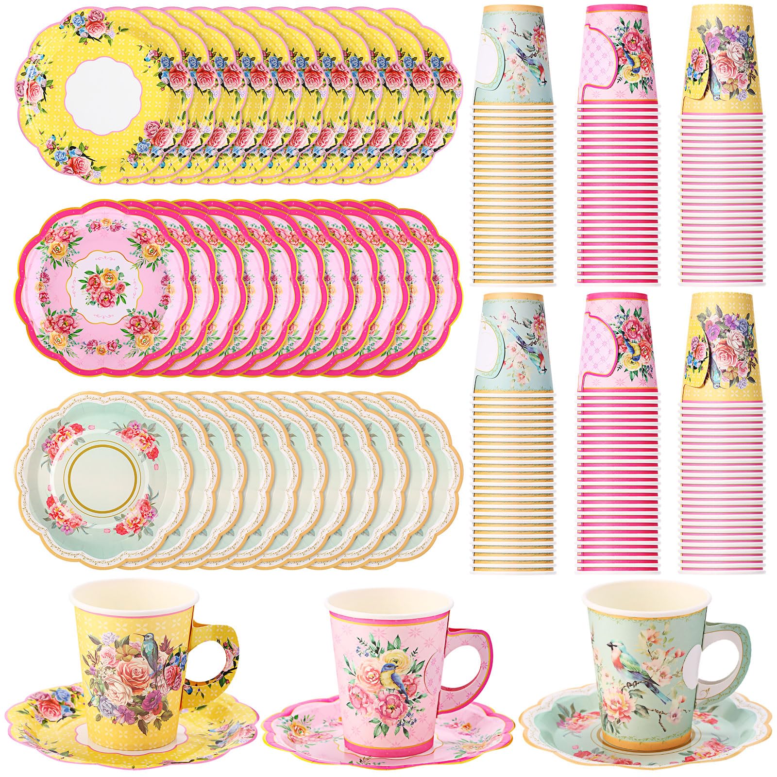 Mifoci 200 Pcs Vintage Tea Party Supplies Includes 100 Pcs Floral Paper Plates and 100 Pcs 9 oz Disposable Paper Tea Cups for Hot Cold Drink Wedding Baby Shower Tea Party Decorations (Vibrant)