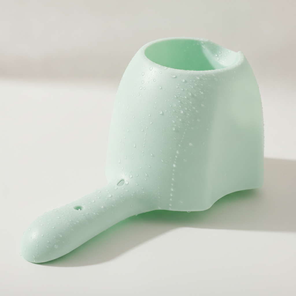 Close-up of mint green bath scooper showing pour-spout edge and ergonomic handle