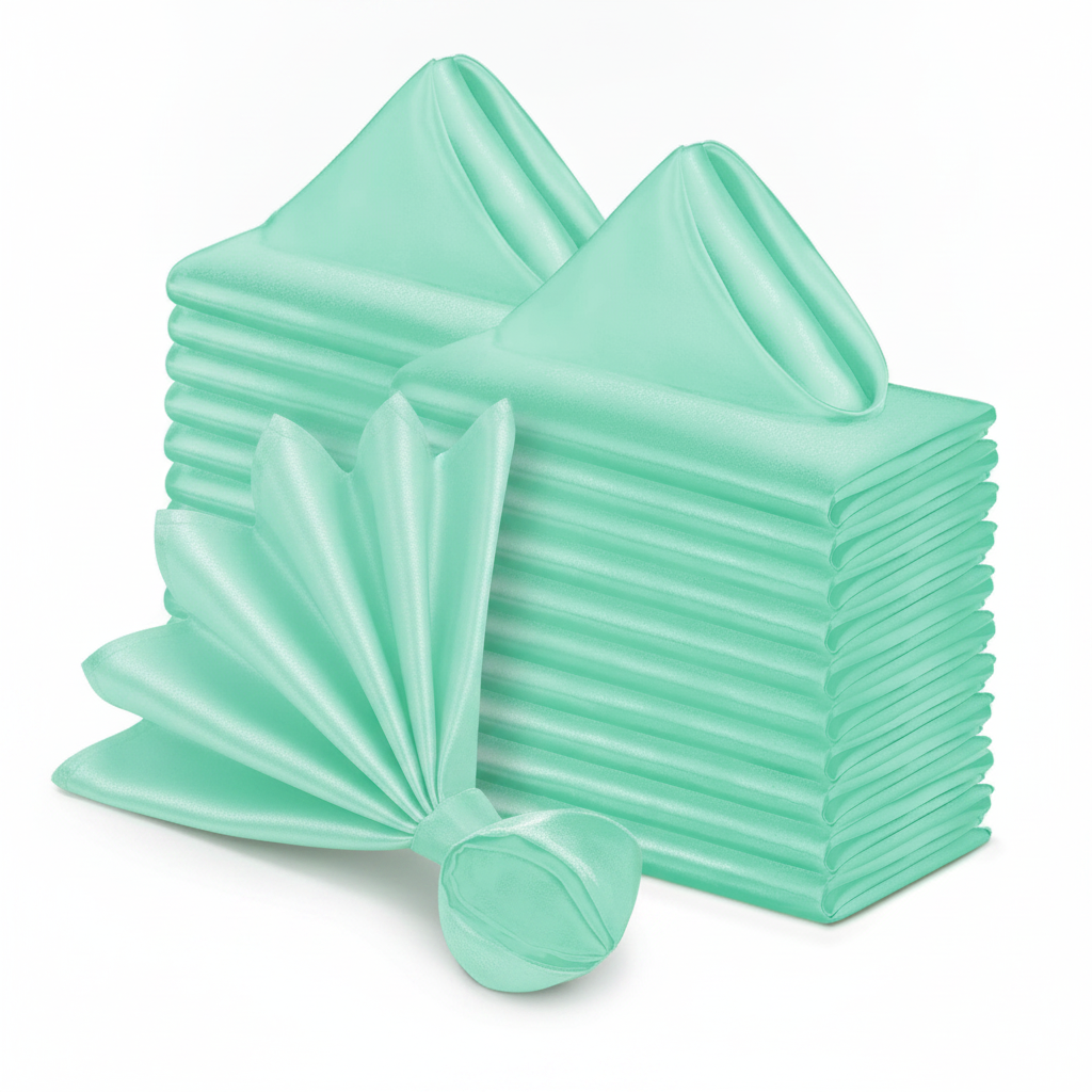 Aqua satin napkins 50 pack folded stack on white background