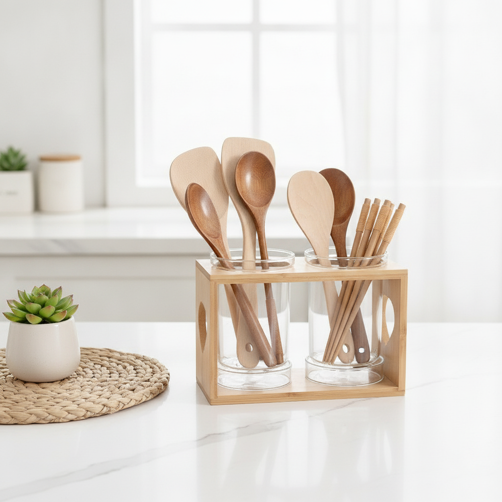 Japanese minimalist glass and wood utensil holder on a bright kitchen counter