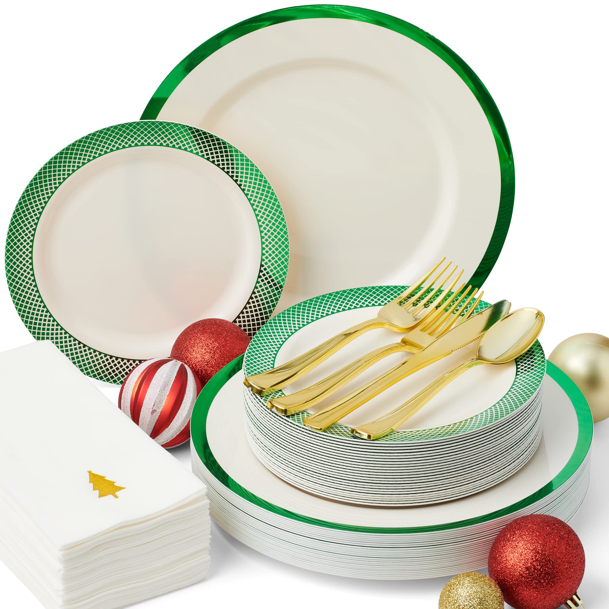 175-Piece Christmas Disposable Dinnerware Set, Ivory with Green Trim, for 25 Guests