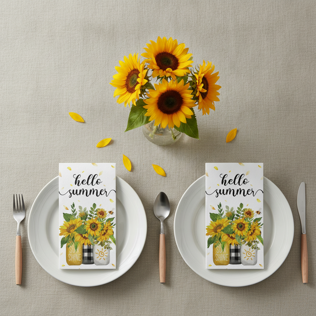 Summer place setting flat-lay with sunflower guest paper napkins and fresh sunflowers