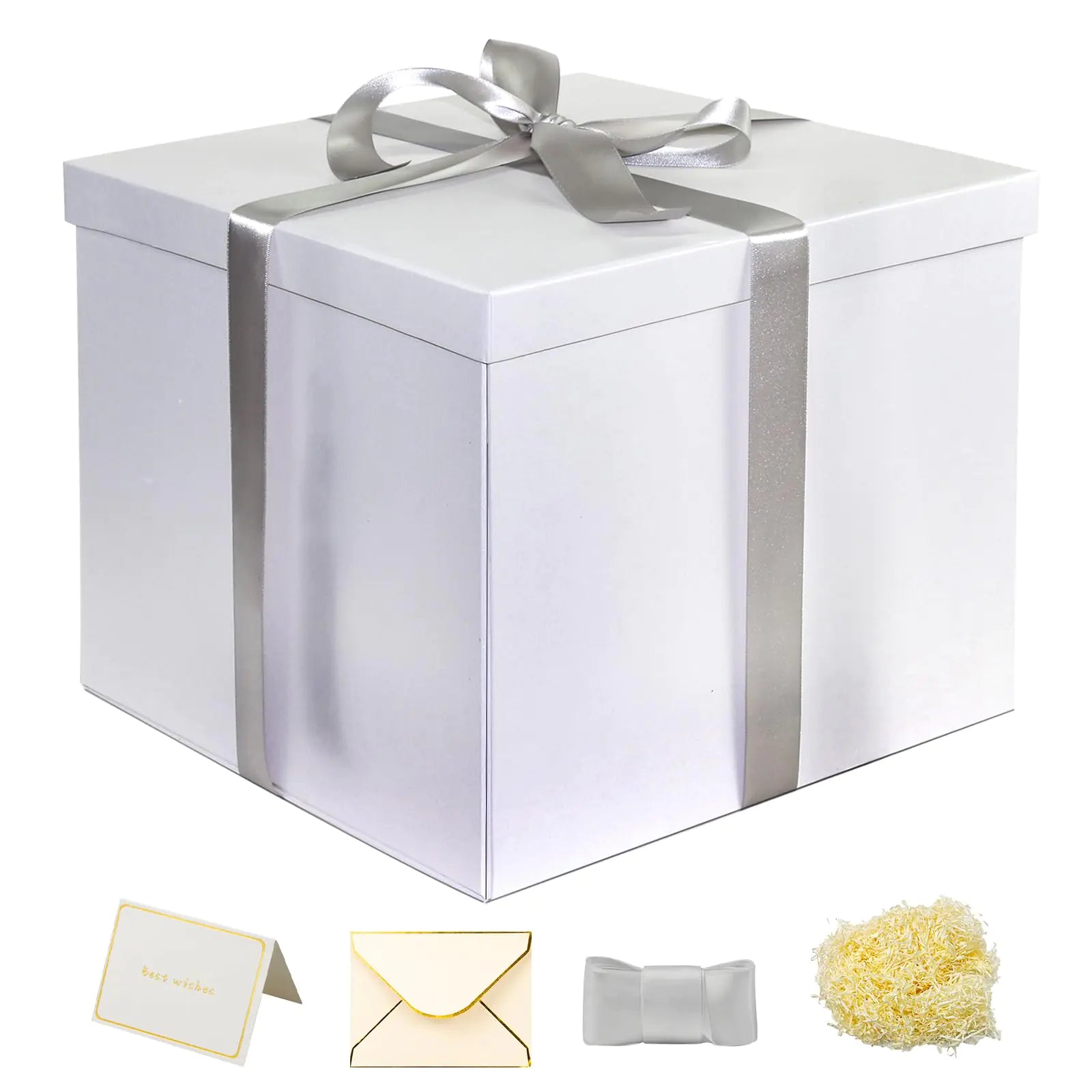 Large white square gift box with silver ribbon, card and paper filler