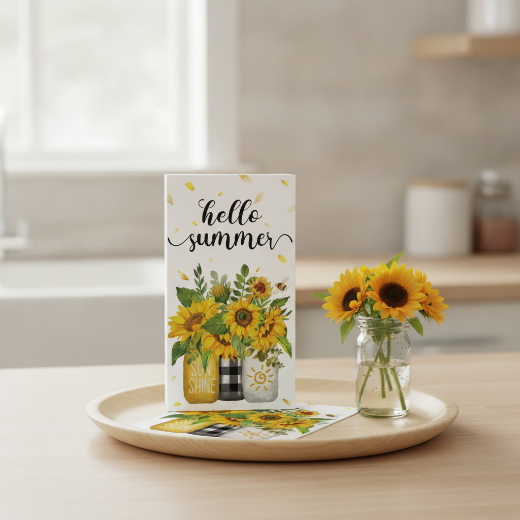 Summer sunflower guest paper napkin folded on a tray on a kitchen counter