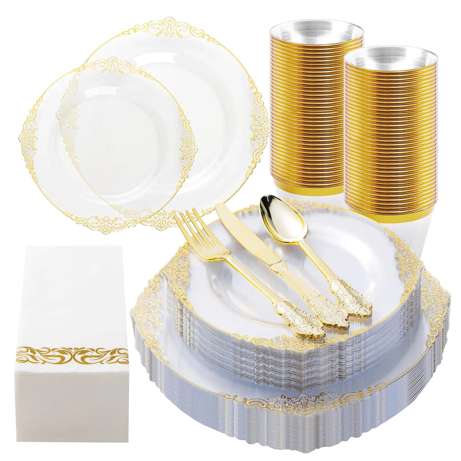 Clear plates with ornate gold filigree rim, gold cutlery, gold-trim cups and napkins for 25 guests