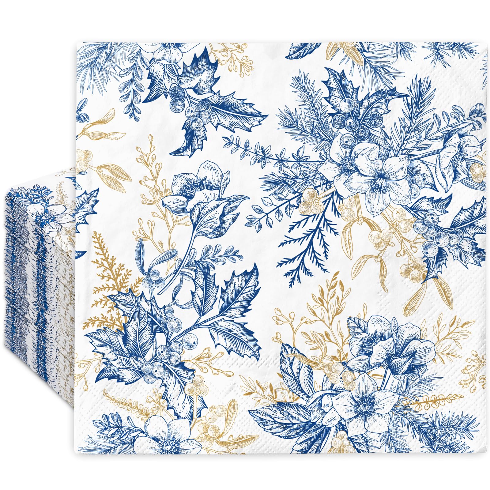 JarThenaAMCS 100Pcs Floral Paper Napkins Blue Gold Flower Leaves with Berry Disposable Luncheon Napkins Decorative Dessert Dinner Hand Napkin for Wedding Birthday