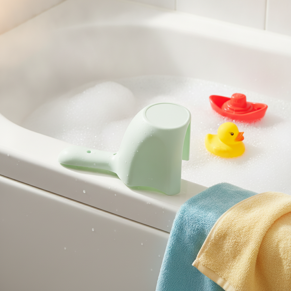 Mint green bath rinse cup resting on the edge of a bubble-filled kids bathtub