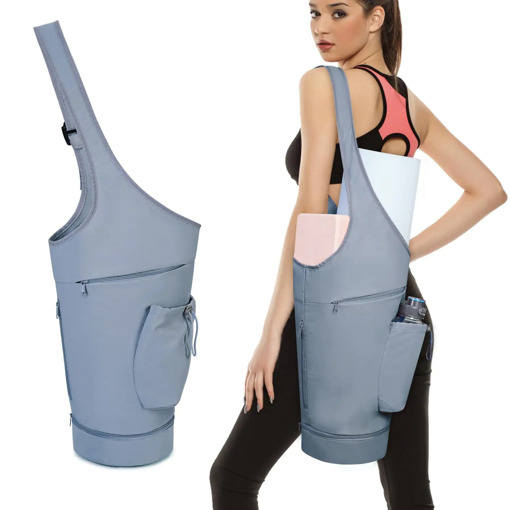 Sling tote yoga mat carrier bag, blue, with mat and bottle pocket — real product