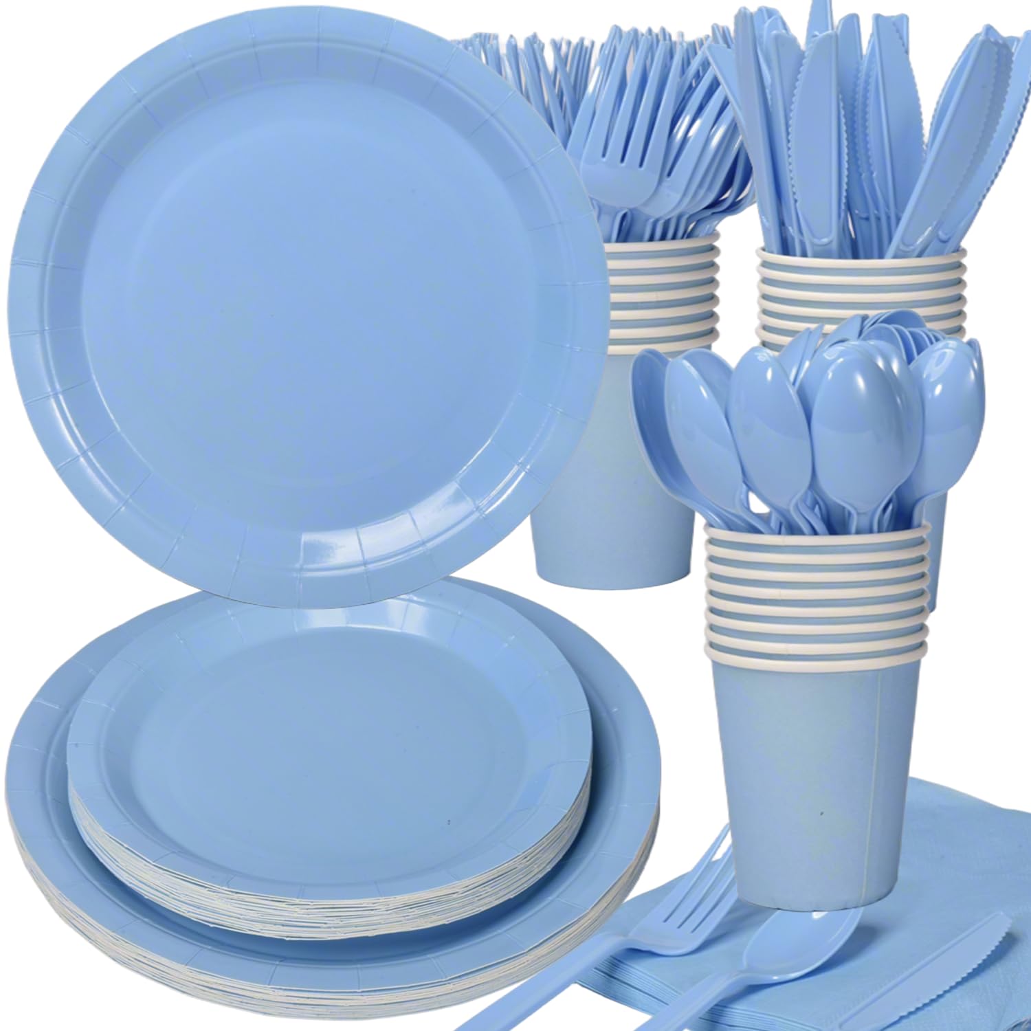 Blue Party Birthday Supplies Baby Blue Paper Plates Napkins Cups Disposable Dinnerware Set Serves 25 Light Blue Plastic Forks Knives Spoon for Wedding Bridal Shower Baby Shower Graduation Birthday