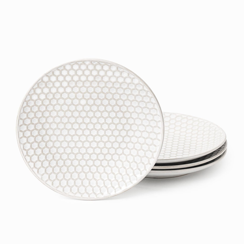 FOBENTA Ceramic Salad Plates Set of 4Lena Porcelain Dish SetEmbossment Round Ceramic Dishess4 Piece Scratch Resistance DishesDishware Safe Stoneware Kitchen DishesWedding Gift
