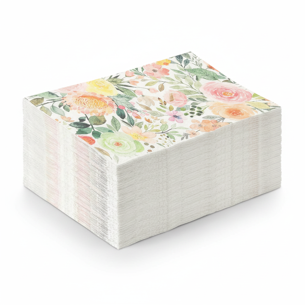 Watercolor rose floral paper guest napkins, folded stack on white