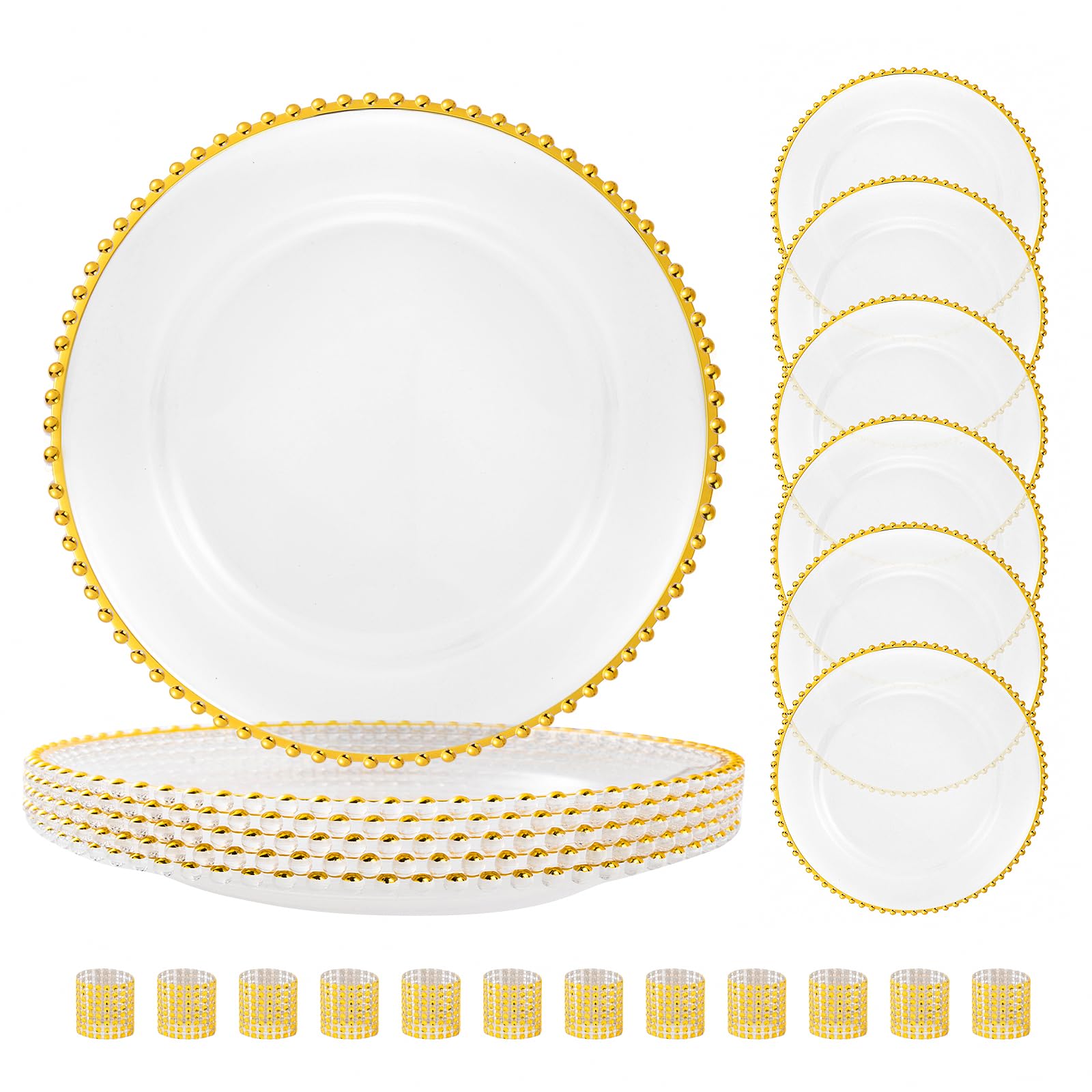 13-Inch Clear Acrylic Charger Plates with Gold Beaded Rim and Napkin Rings, 18-Piece Set