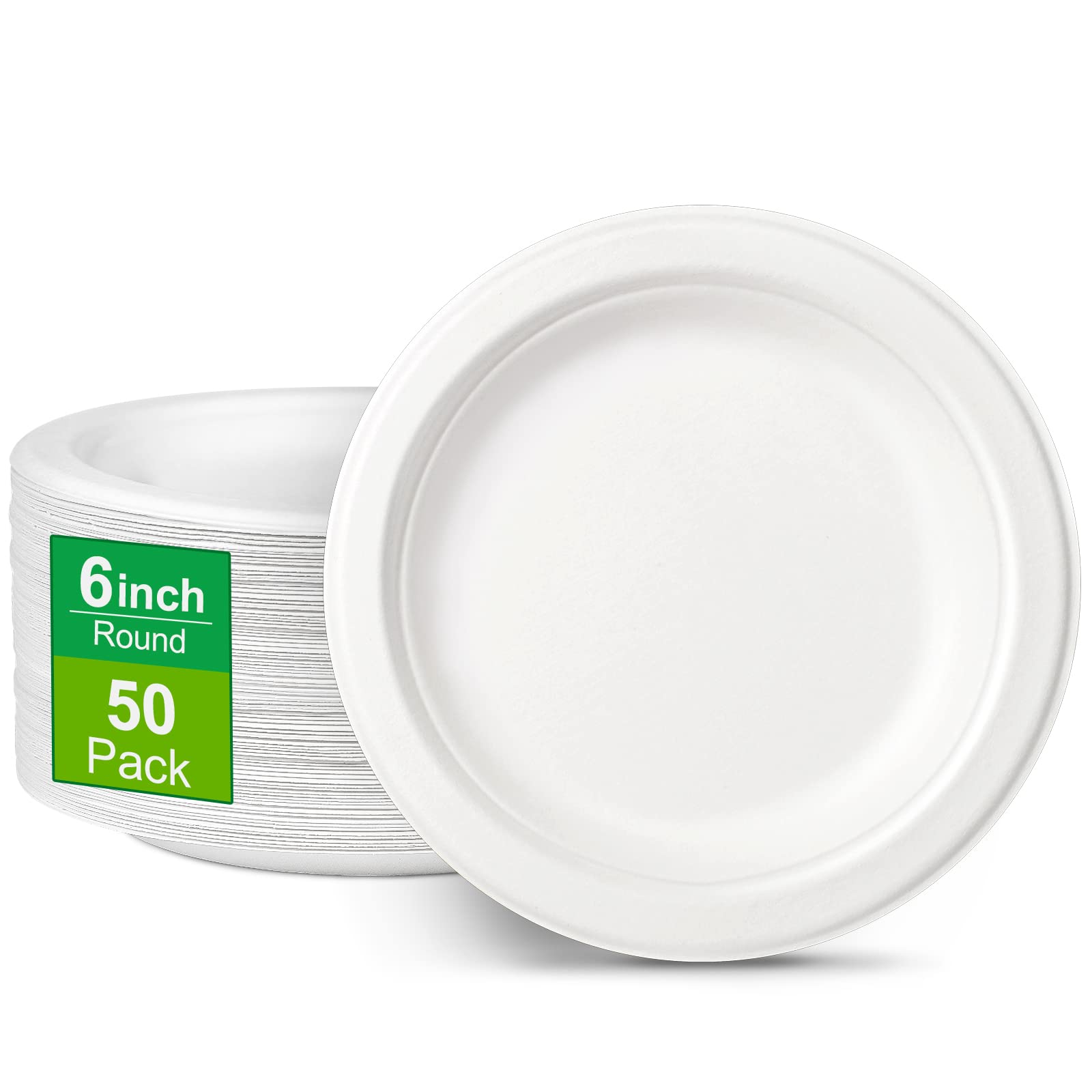 6-Inch Round Compostable Paper Plates, 50 Pack — Sugarcane Fiber