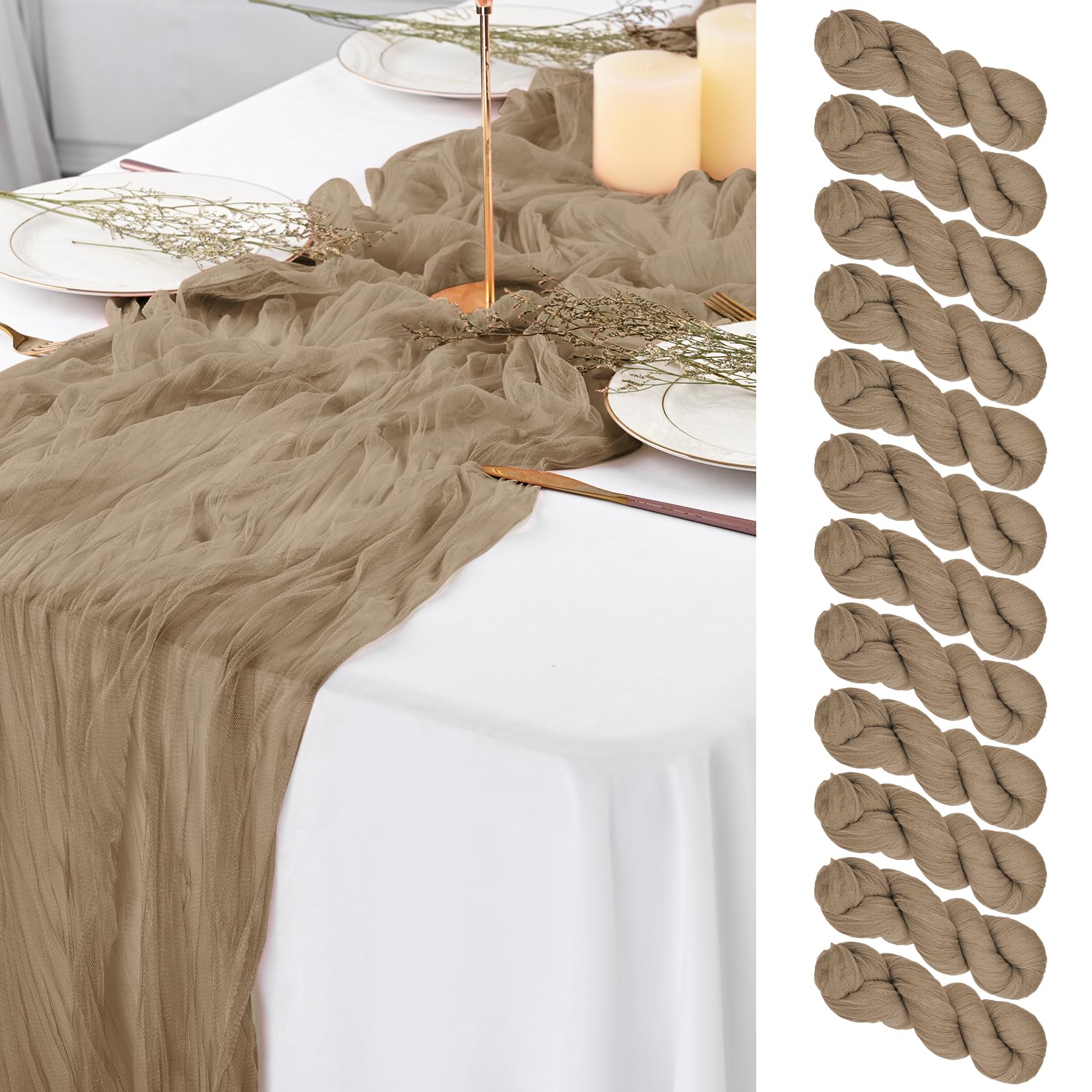12Pack Coffee Cheesecloth Table Runner Gauze Fabric Boho Table Runner 29"x120"Cheesecloth Table RunnerGauze Semi-Sheer Table Runner for WeddingBaby Shower Birthday Party Decor(Coffee)