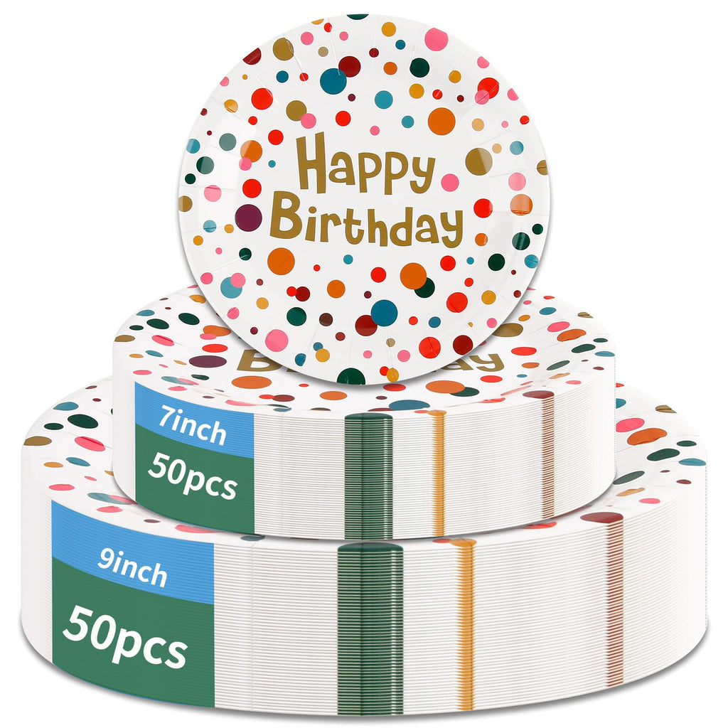 Happy Birthday Disposable Paper Plates, 7-Inch Dessert and 9-Inch Dinner, 100-Piece Set