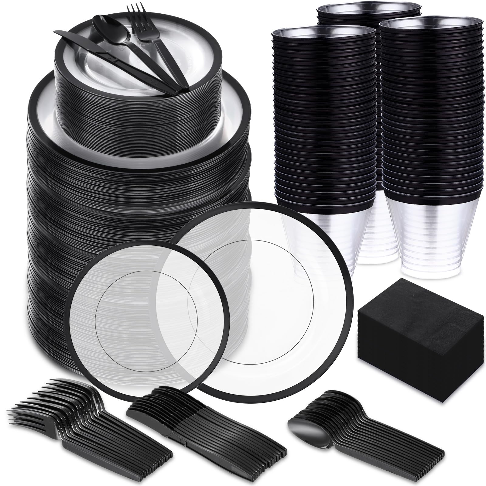Norme 600 Pcs Disposable Plastic Dinnerware Set 100 Clear Plastic Plates 100 Cups 100 Knives 100 Forks 100 Spoons 100 Napkins Party Plates Set for Wedding Birthday Graduation(Black)