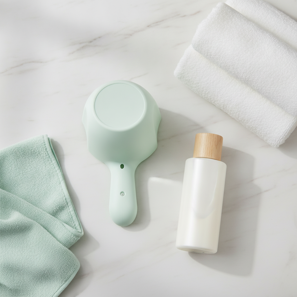 Styled flat-lay of mint green bath rinse cup with towels and baby shampoo