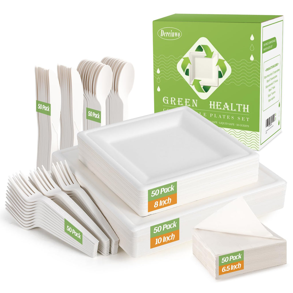 Compostable Square Paper Plates & Cutlery Set — 300 Pieces (10 in + 8 in Bagasse, Serves a Crowd)