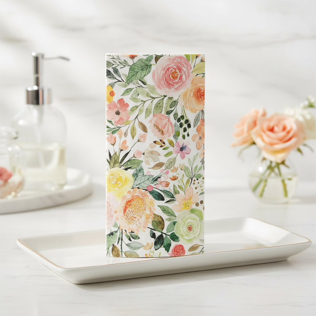 Watercolor rose paper guest towel folded on a tray in a bathroom