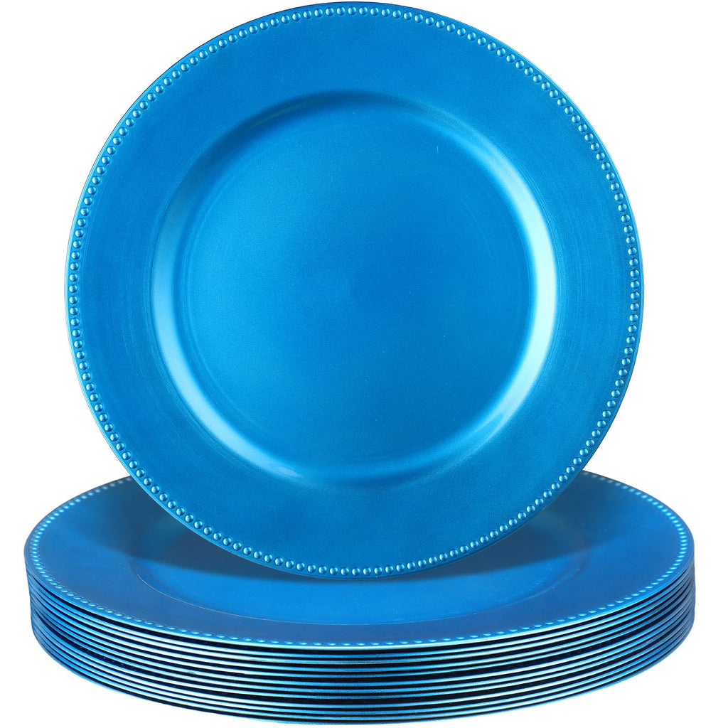 13-Inch Metallic Beaded Rim Charger Plates, Royal Blue, Set of 12