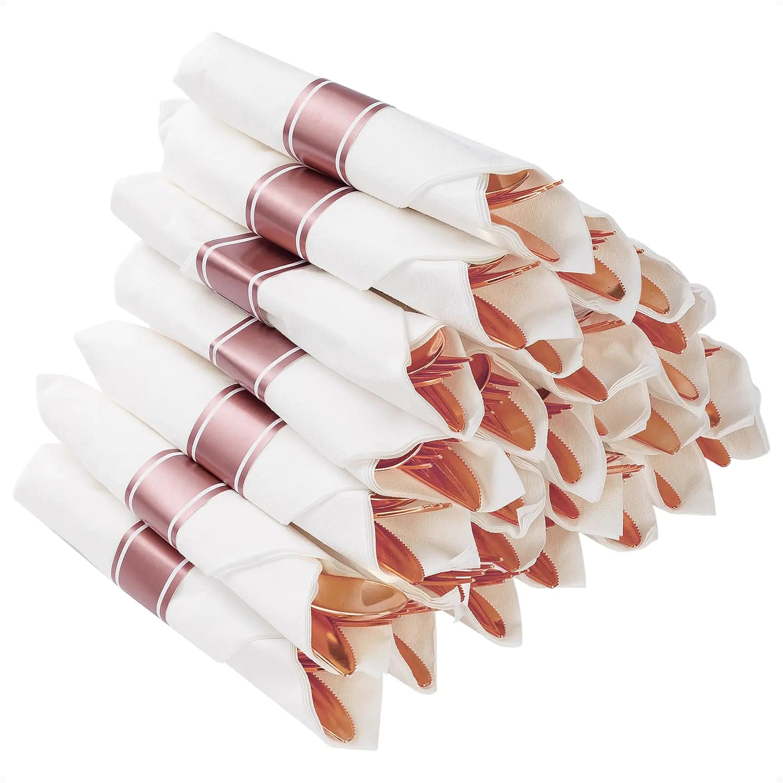 Pre-rolled rose gold plastic cutlery wrapped in white napkins with rose-gold bands, stack of 25 sets