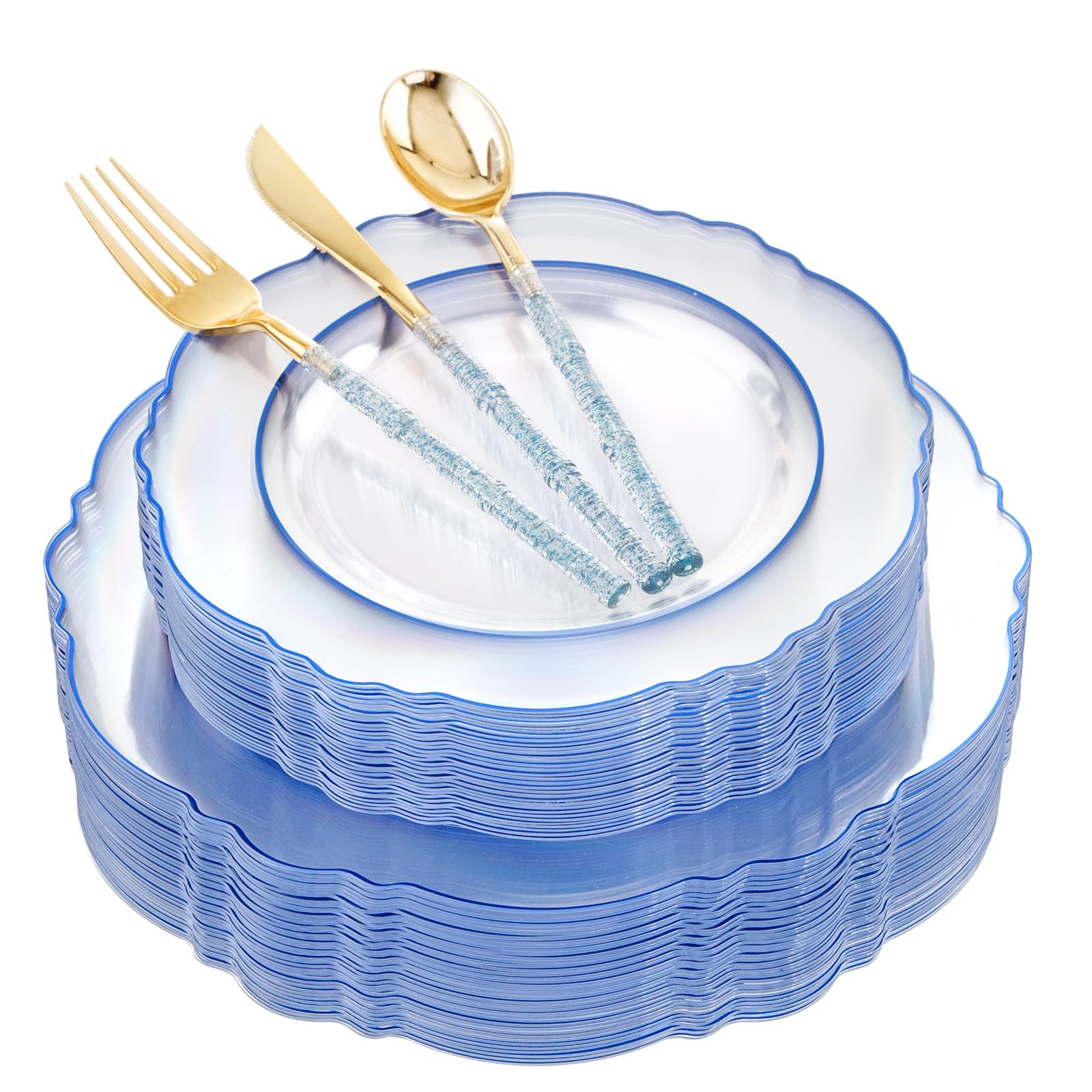 Clear Blue Baroque Plastic Plates and Cutlery Set — 150 Pieces, Serves 30