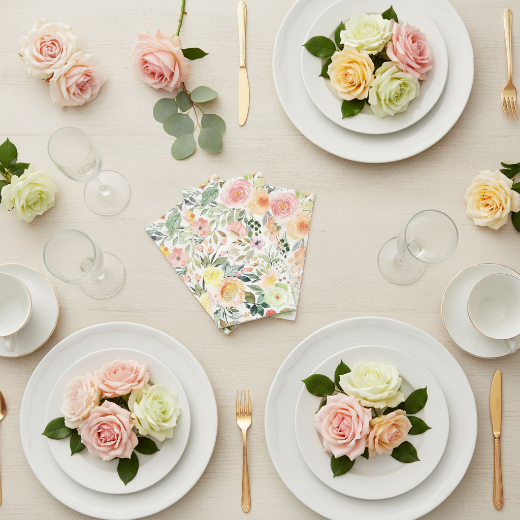 Spring tablescape flat-lay with watercolor rose paper guest napkins and fresh roses