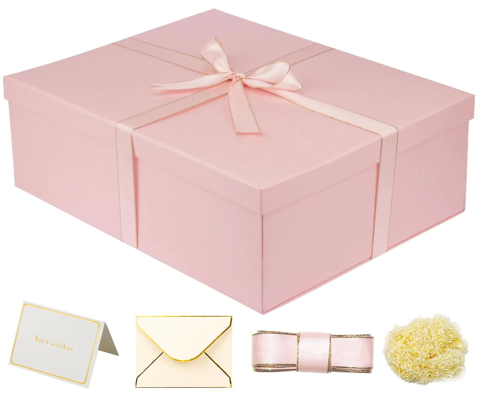 Large pink gift box with bow, card, ribbon and paper filler