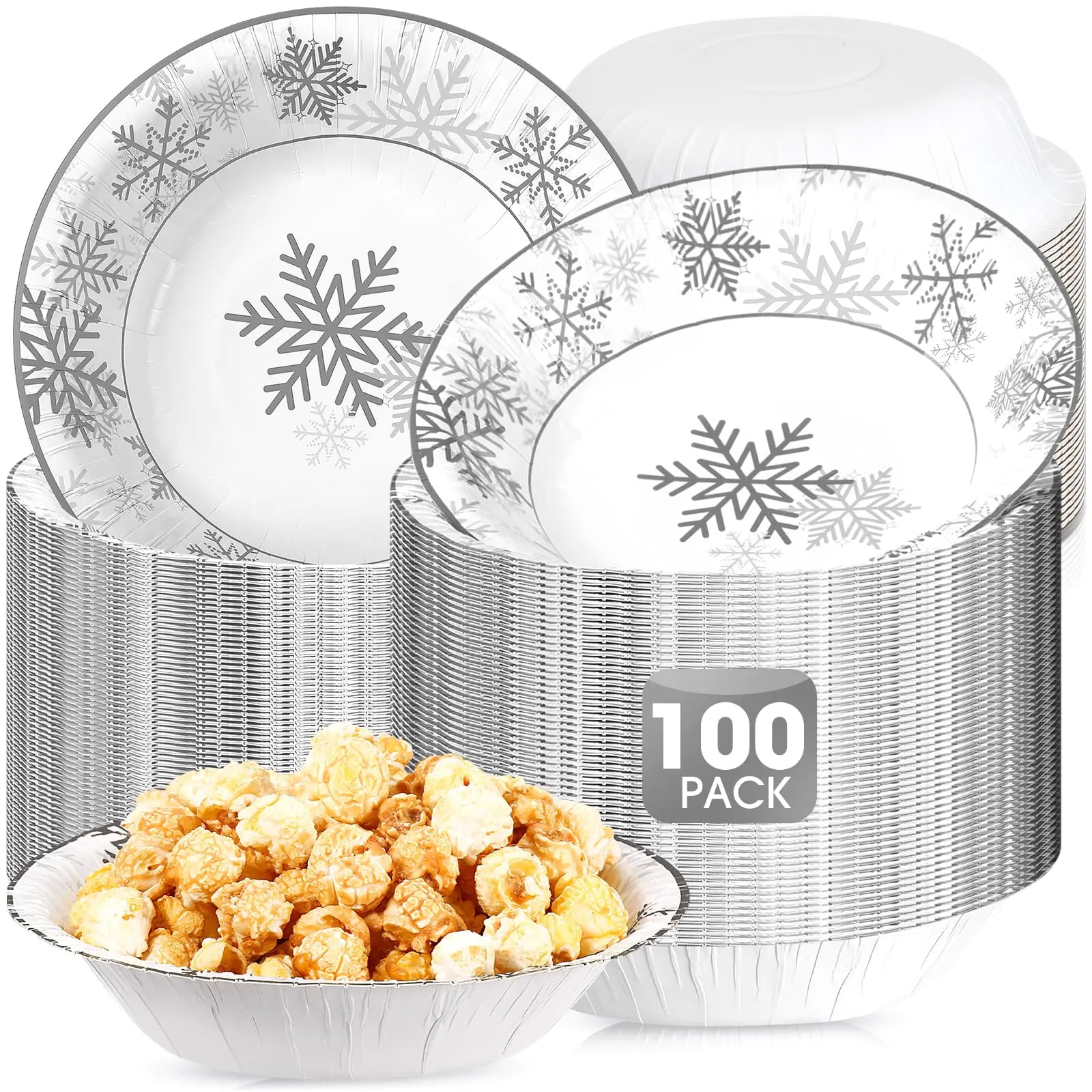 100-pack silver snowflake disposable paper bowls stacked, thin lightweight single-use paper, 16 oz