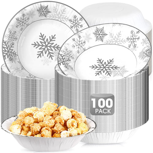 100-pack silver snowflake disposable paper bowls stacked, thin lightweight single-use paper, 16 oz
