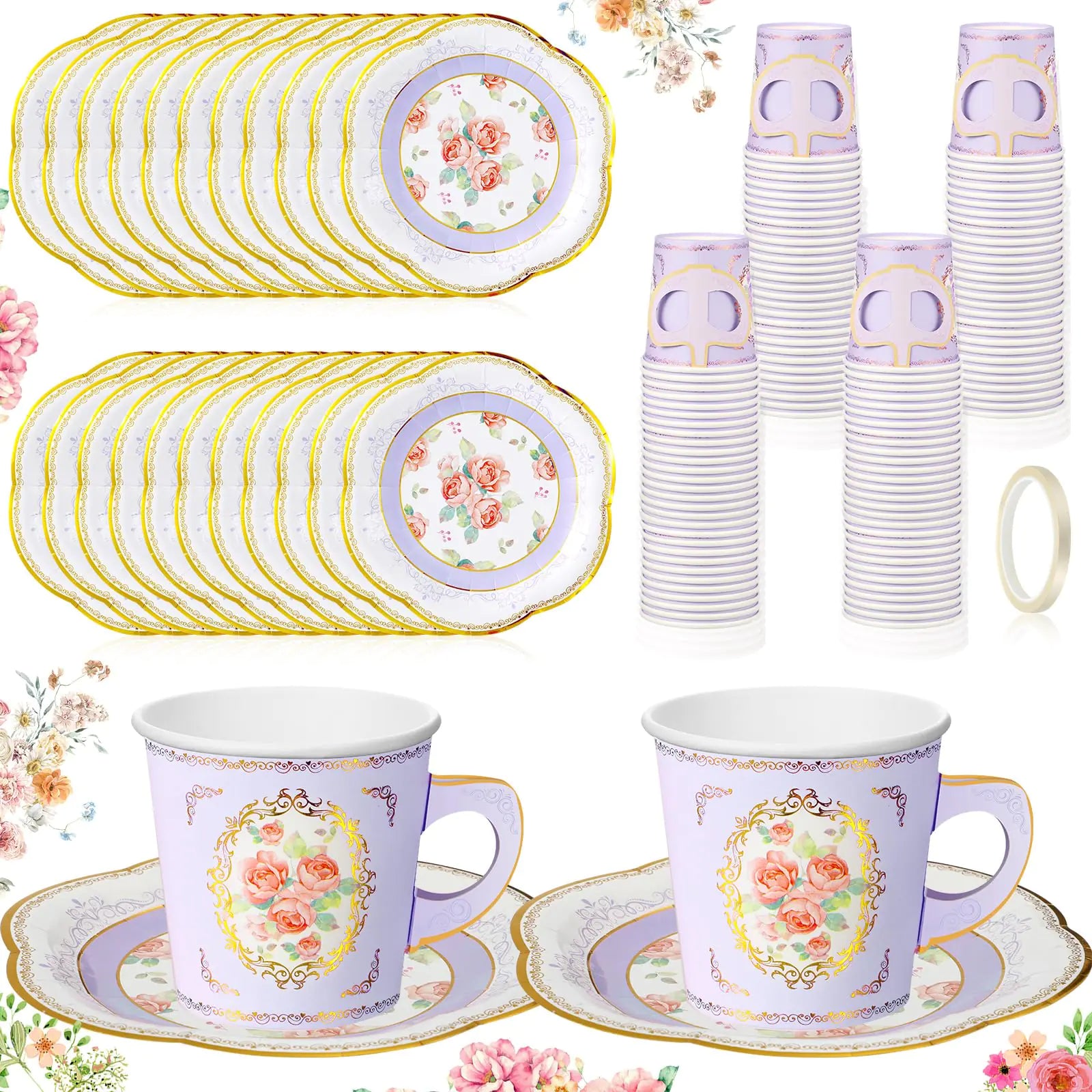 Purple floral paper tea cups, plates and included tape roll — real product set contents