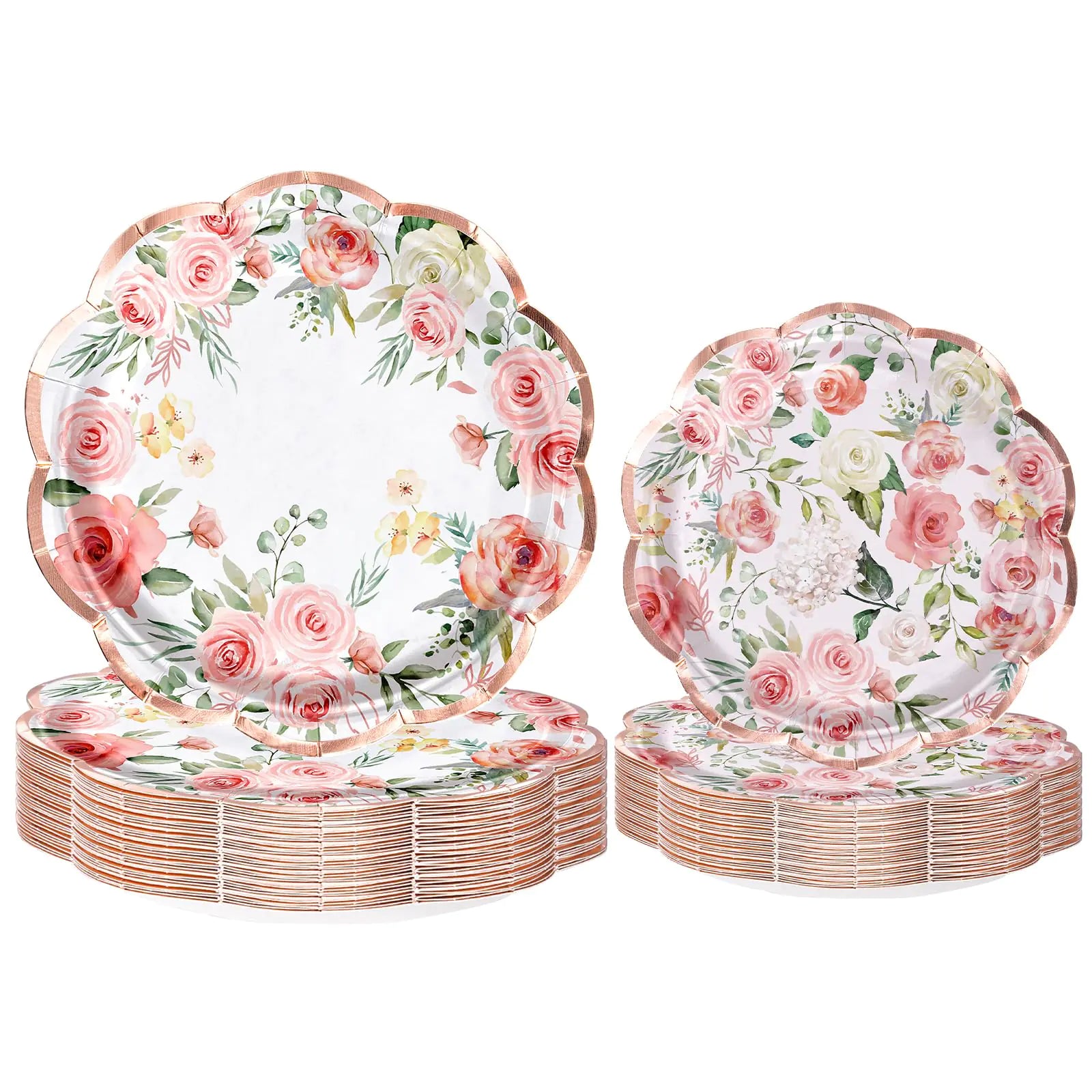 WRAPAHOLIC pink and multicolor watercolor floral scalloped paper plates, 9 inch and 7 inch sizes with rose gold rim