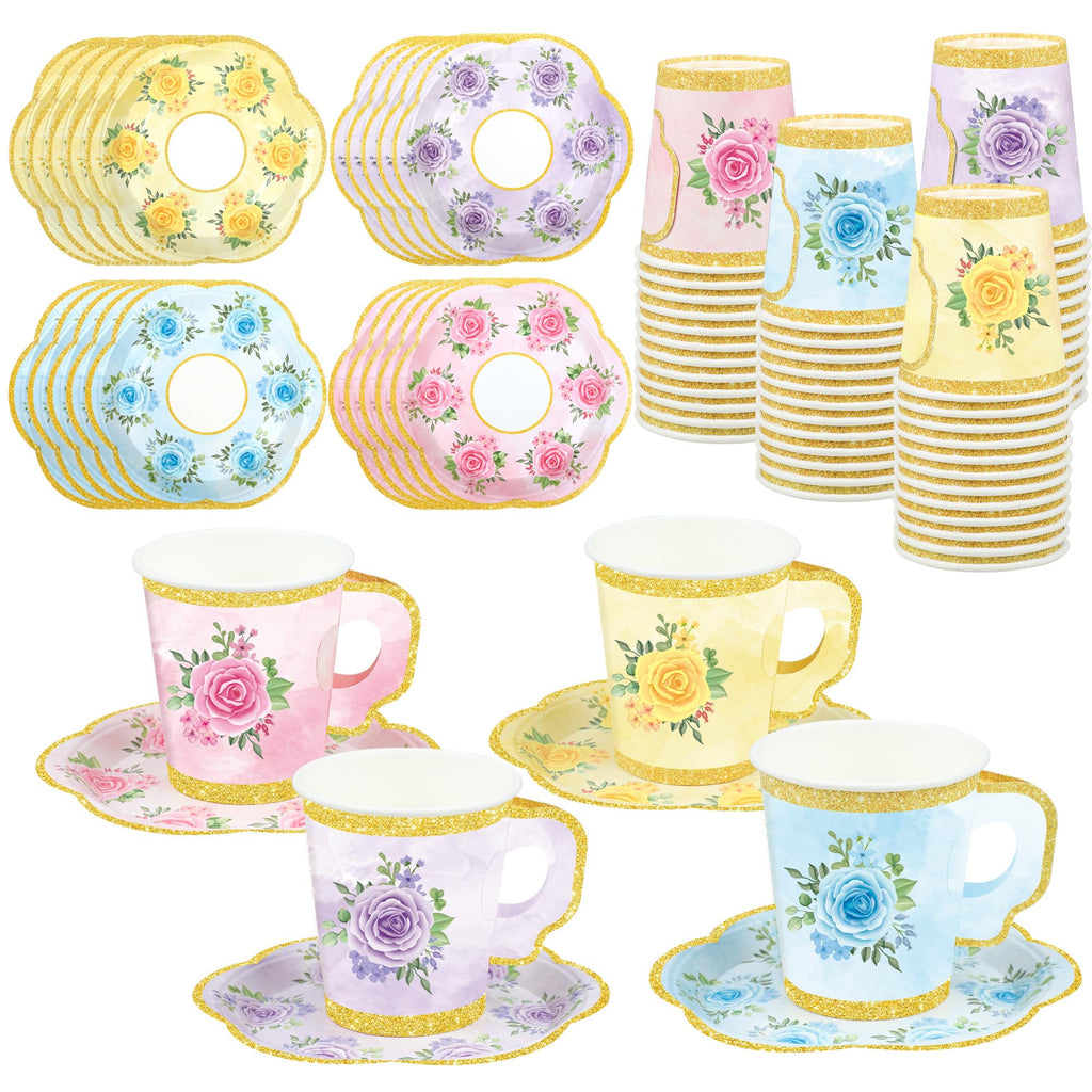 Fairooth Floral Paper Tea Set - 24 Cups & Plates for Parties