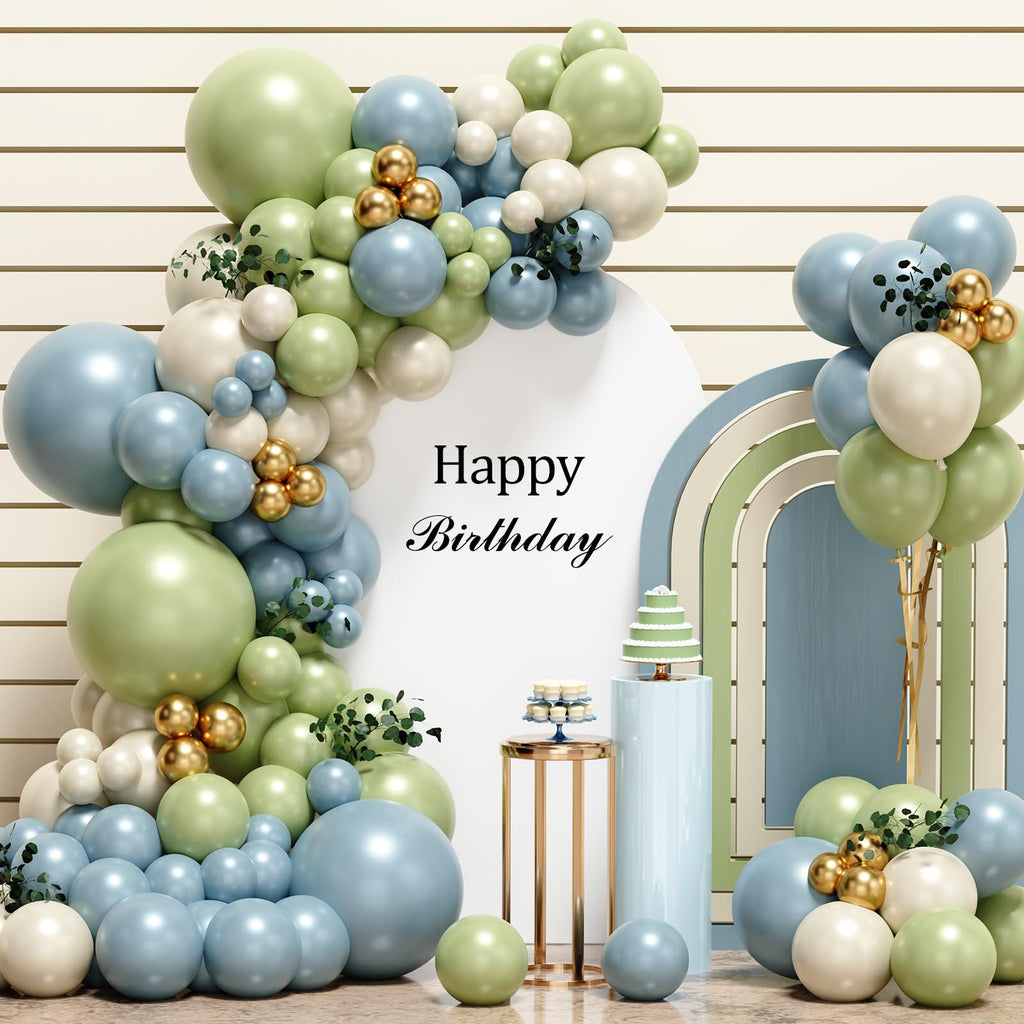 Dusty Green Blue Balloon Garland Arch Kit116pcs Green Blue Haze Blue White Sand Gold Balloons for Birthday Party Baby Shower Boho Bridal Shower Wedding Decoration
