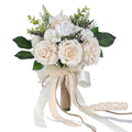 GLIDLION Wedding Bouquets for Bride BridesmaidWhite Champagne Artificial Roses Flowers for Wedding Church Decoration (7.5in)