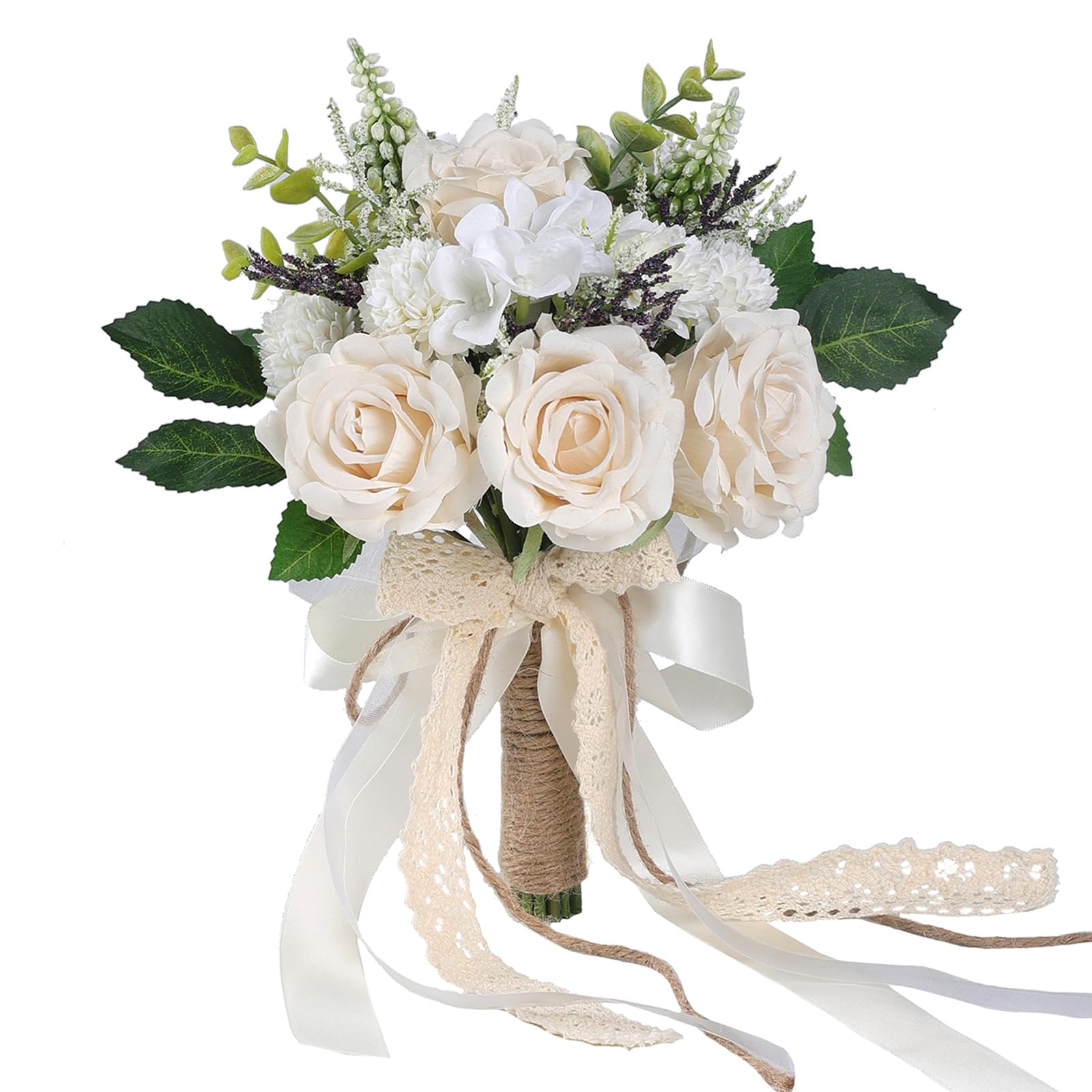 GLIDLION Wedding Bouquets for Bride BridesmaidWhite Champagne Artificial Roses Flowers for Wedding Church Decoration (7.5in)