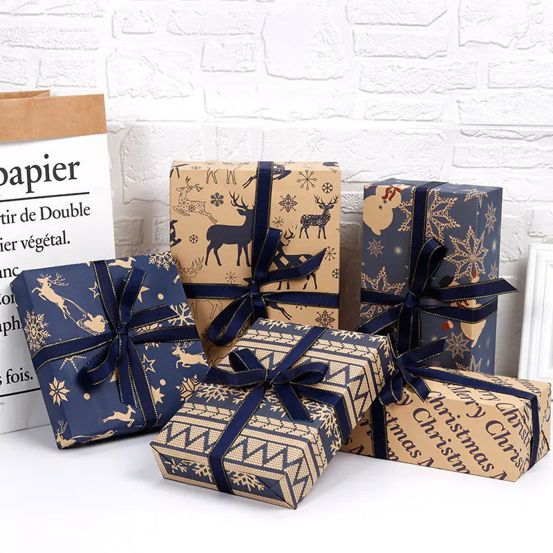 Vintage Christmas kraft gift wrap paper, navy and cream designs, 5 sheet pack