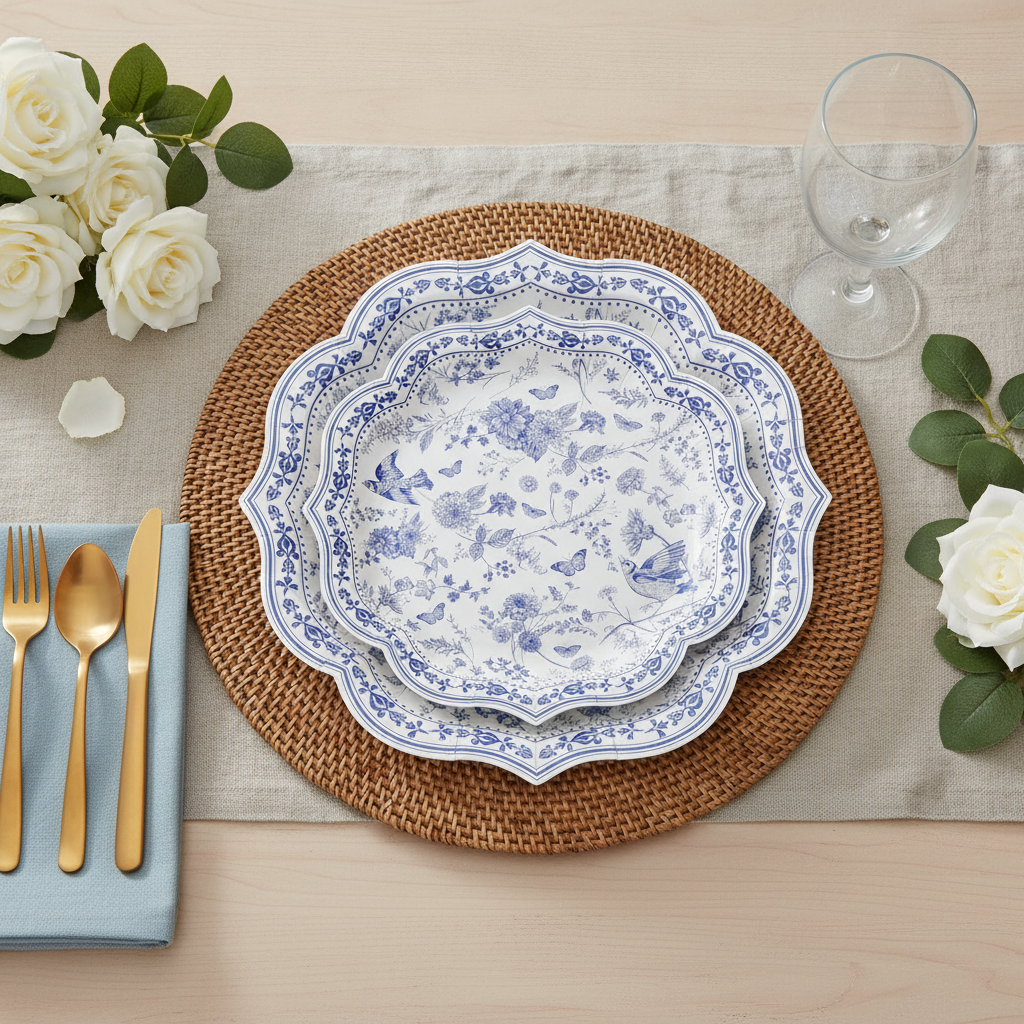 Blue and white chinoiserie floral and bird scalloped disposable paper plates styled on a woven placemat with gold flatware