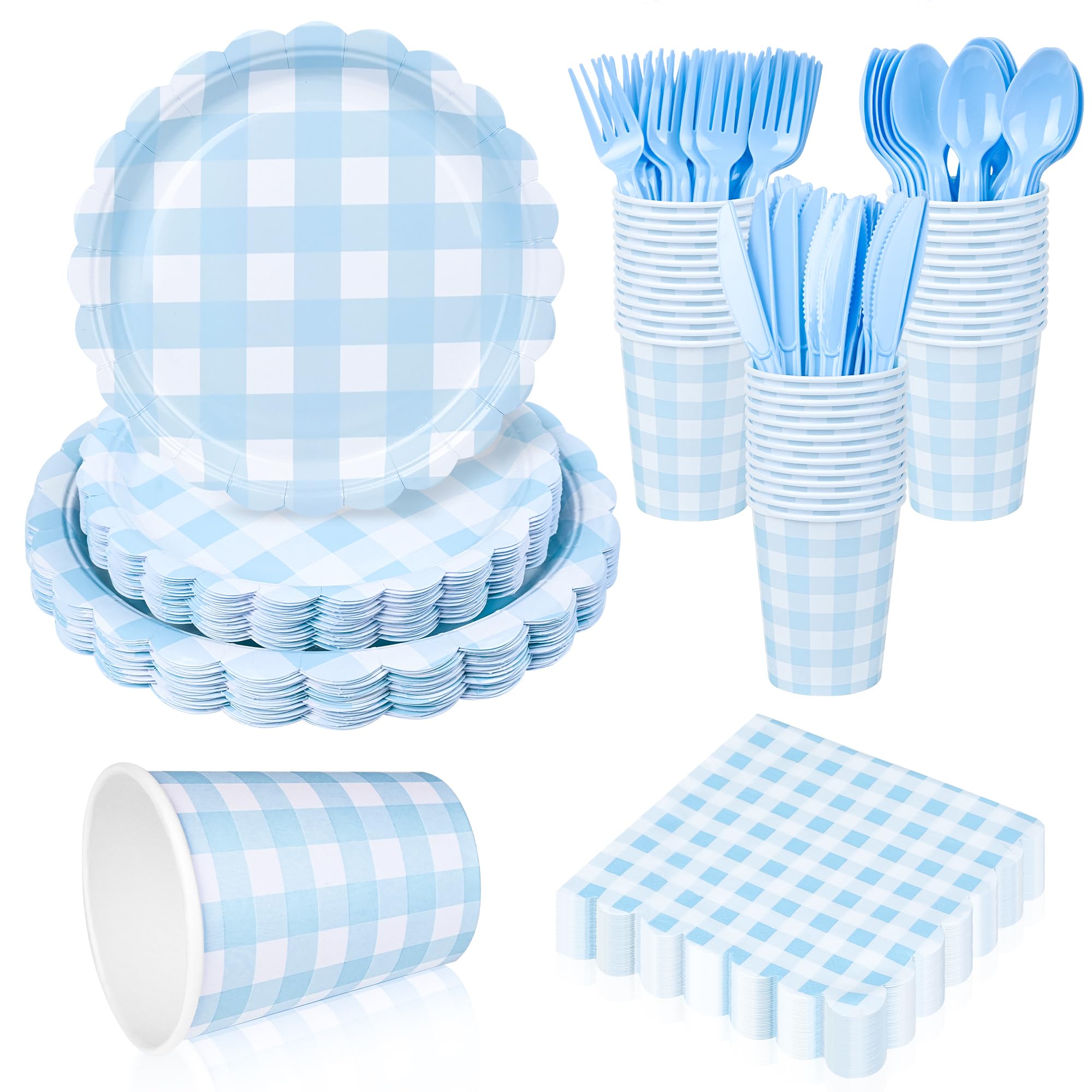 175Pcs Gingham Party Supplies for 25 Guests Scalloped Plates and Napkins set Blue and White Paper Plates Disposable Plaid Cocktail Napkin Checkered Dinner Party Set Cutlery for Baby Shower Wedding